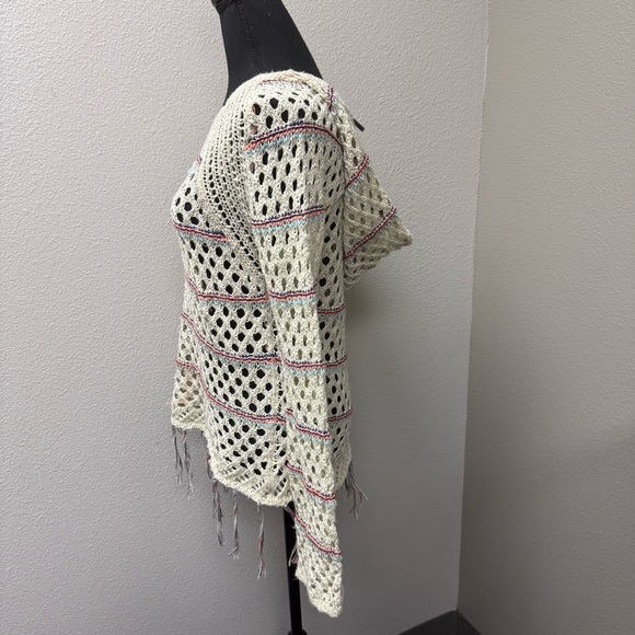 Poof! by Free People Open Knit Fringe Sweater Cream Boho Festival Beach Cover - Picture 5 of 10